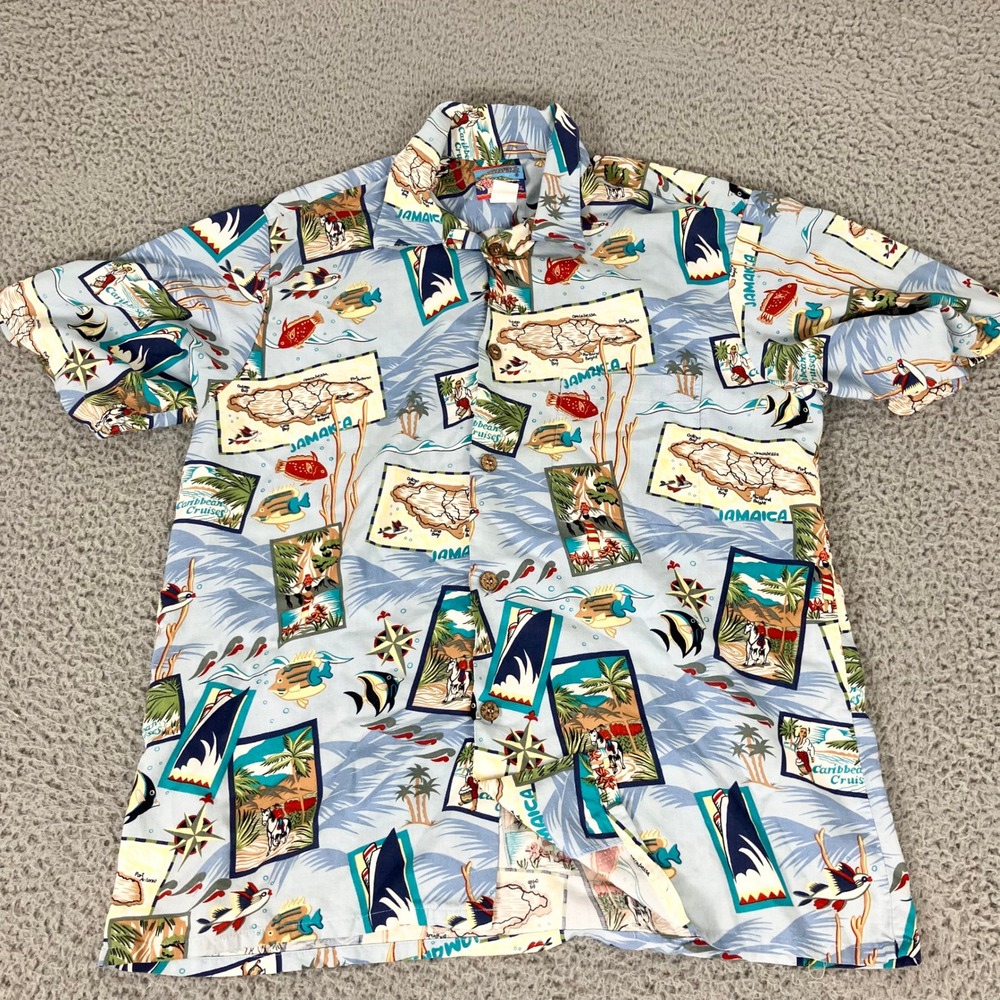 Reyn Spooner Shirt Mens M Blue Jamaica Caribbean Cruises Rayon Joe Kealoha's